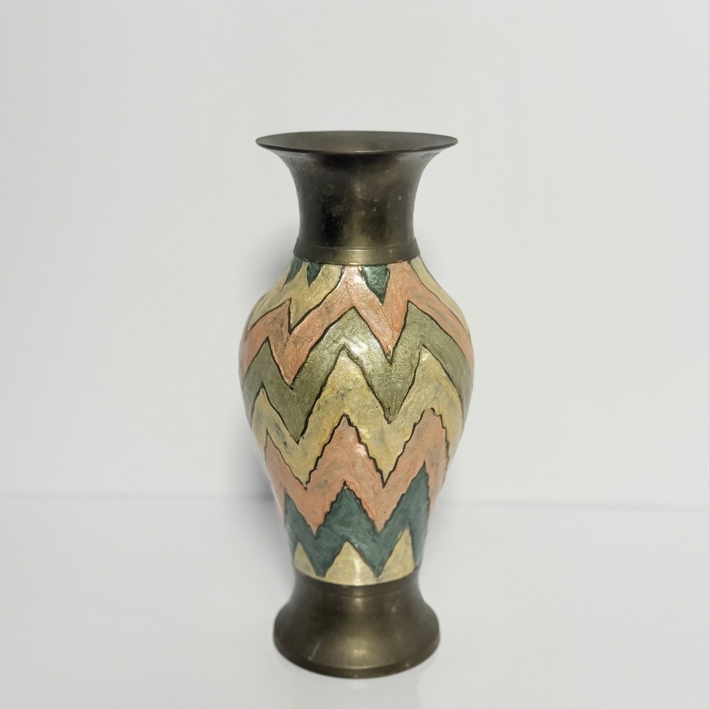Solid Brass Decorative Vase, Multicolor Chevron Zigzag Pattern, Made in India